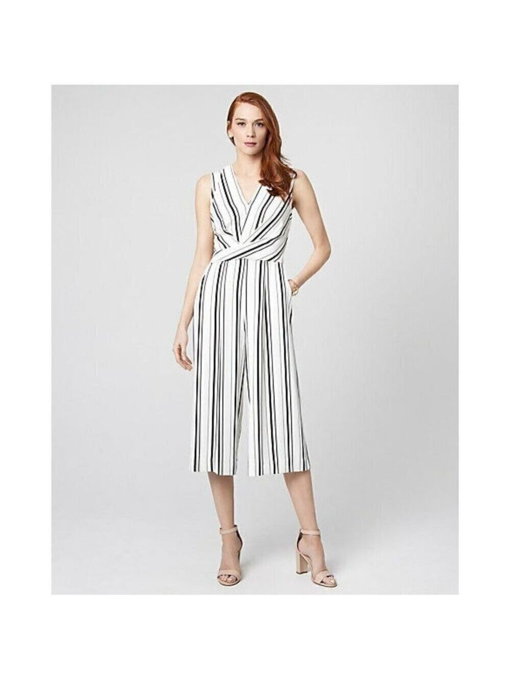 Le Chateau Women Stripe Culotte Ivory & Navy Jumpsuit Size XXL